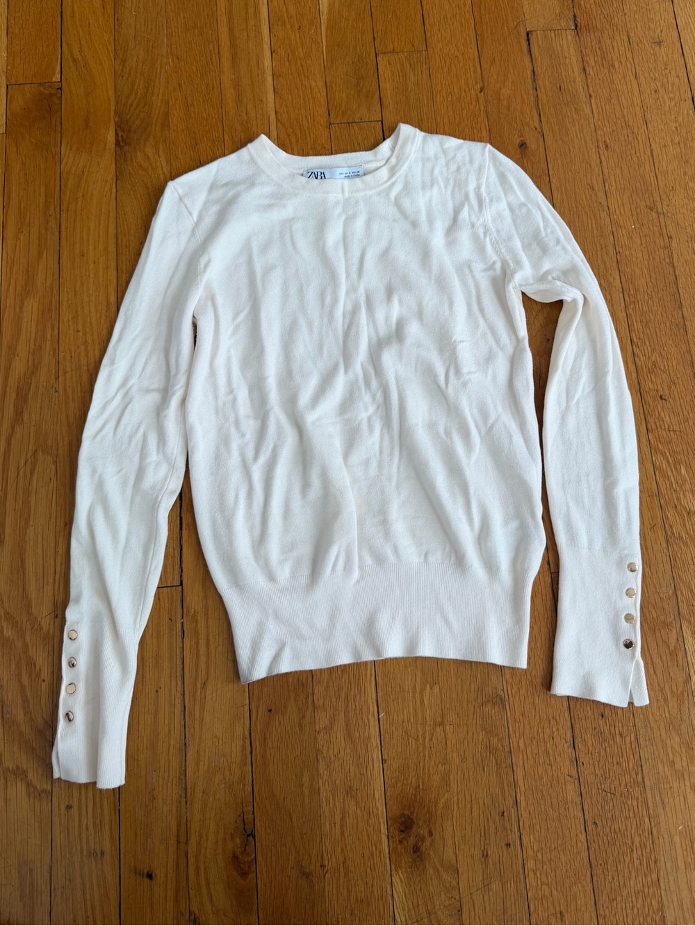 Zara Cream Crewneck Sweater with Button Cuff Detail